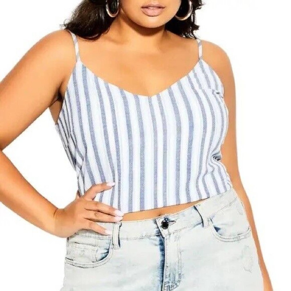 City Chic Blue & White Stripe Sleeveless Strappy Crop Cami Top Women's XS / 14
